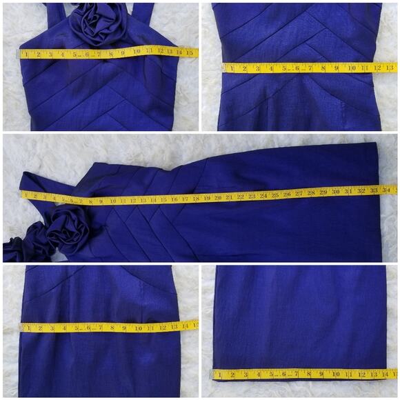 Ruffle Shoulder Cocktail Dress Cache Size 2 Sleeveless Blue Stretch Formal Rose - Picture 8 of 10